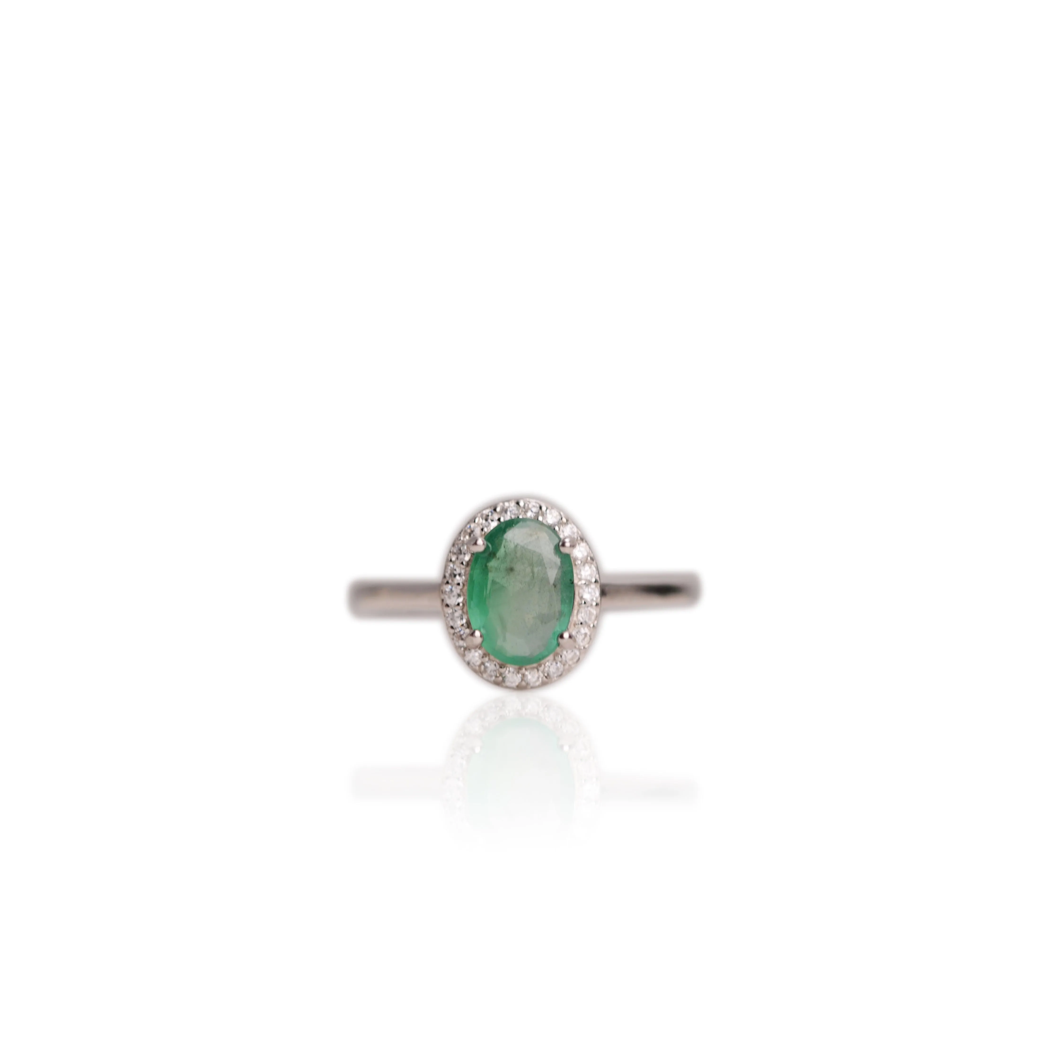 6 x 8 mm. Oval Cut Green Zambian Emerald with Cz Halo Ring