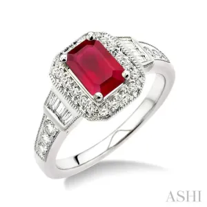 6x4 MM Emerald Shape Ruby and 1/4 ctw Round and Baguette Cut Diamond Ring in 14K White Gold