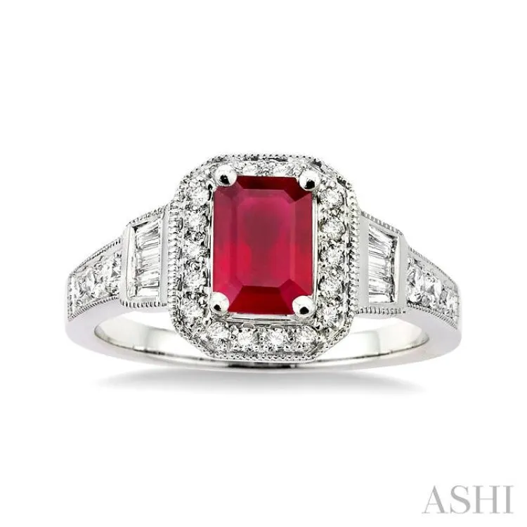 6x4 MM Emerald Shape Ruby and 1/4 ctw Round and Baguette Cut Diamond Ring in 14K White Gold