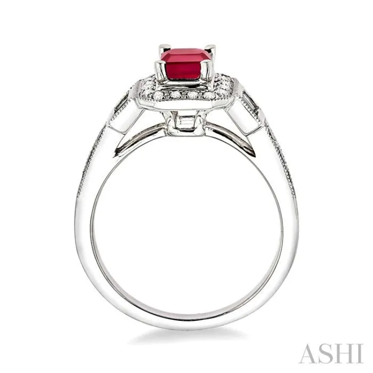 6x4 MM Emerald Shape Ruby and 1/4 ctw Round and Baguette Cut Diamond Ring in 14K White Gold