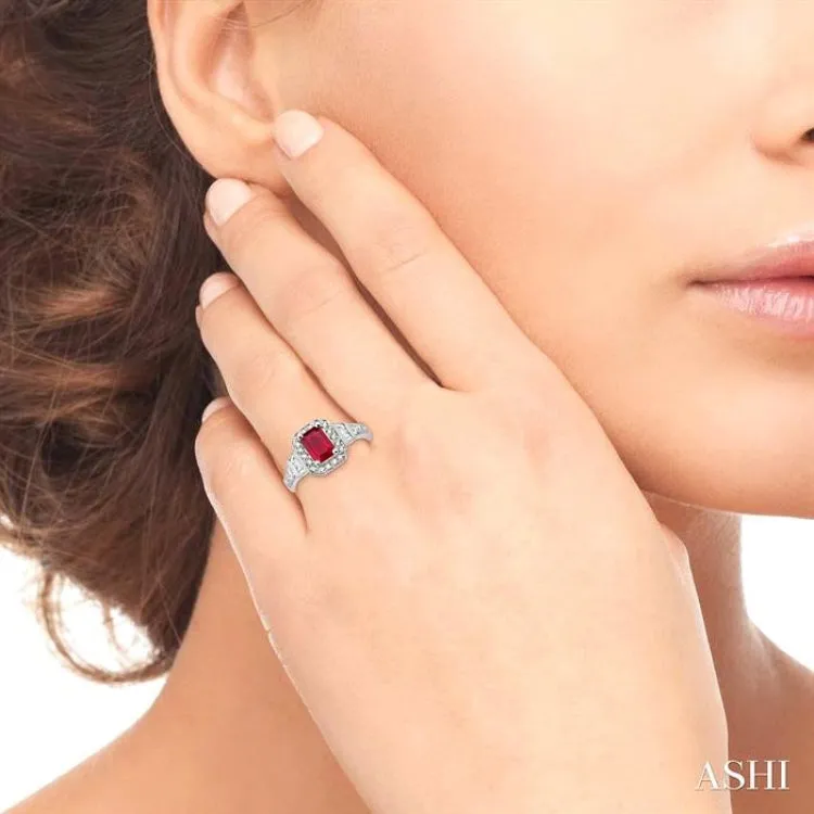 6x4 MM Emerald Shape Ruby and 1/4 ctw Round and Baguette Cut Diamond Ring in 14K White Gold