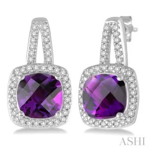 7x7 MM Cushion Shape Amethyst and 1/4 ctw Round Cut Diamond Earrings in 10K White Gold