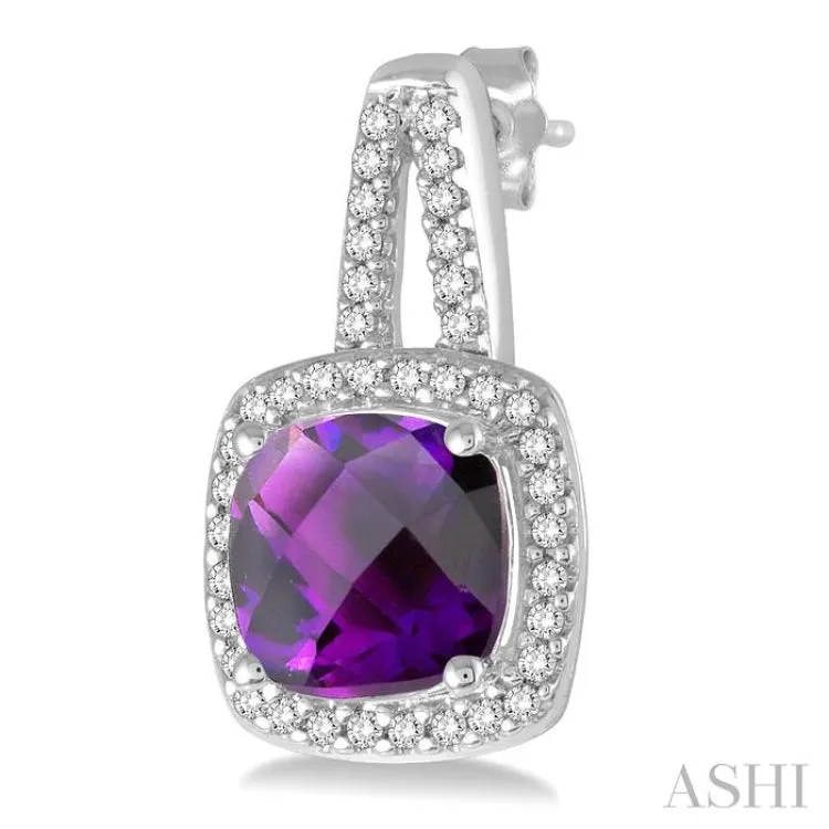 7x7 MM Cushion Shape Amethyst and 1/4 ctw Round Cut Diamond Earrings in 10K White Gold