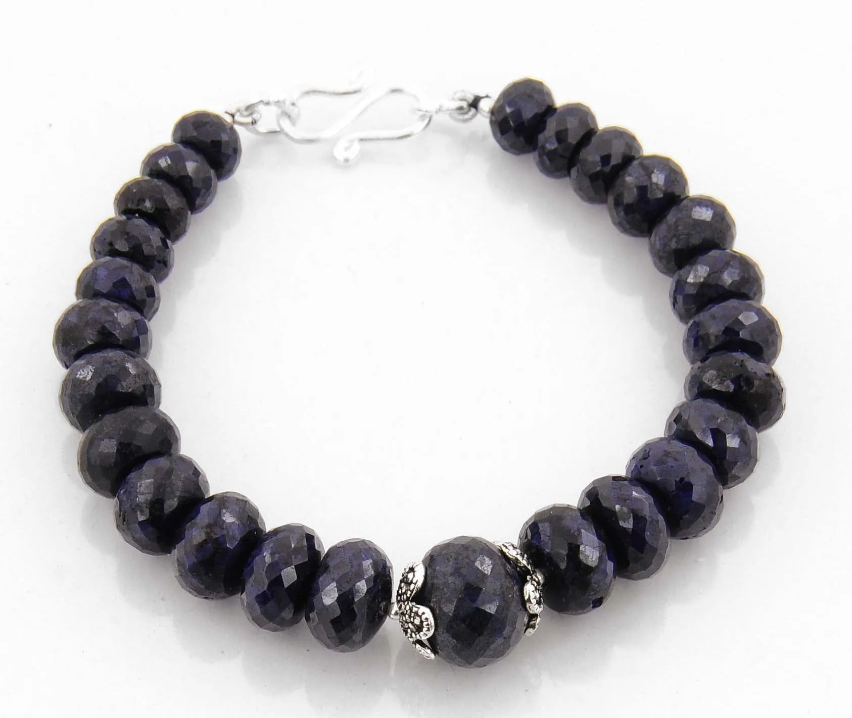 8 mm Blue Sapphire (Neelam) Gemstone Beaded Designer Bracelet In Silver Clasp