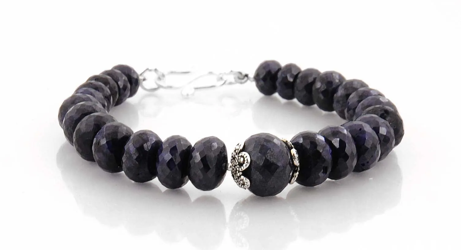 8 mm Blue Sapphire (Neelam) Gemstone Beaded Designer Bracelet In Silver Clasp