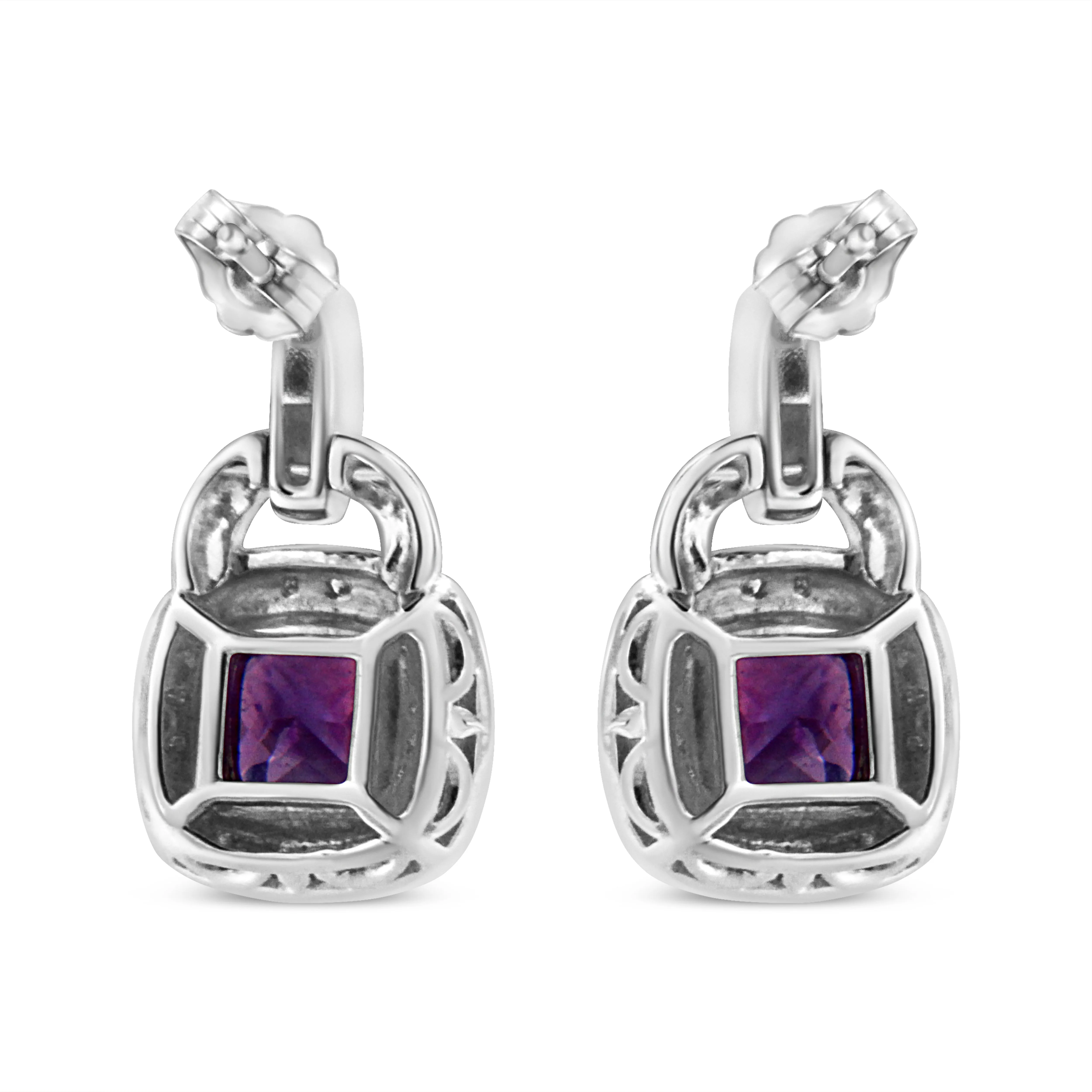 .925 Sterling Silver 8MM Natural Cushion Shaped Amethyst and Diamond Accent Halo with Push Back Dangle Earrings (I-J Color, I2-I3 Clarity)