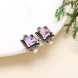 925 Sterling Silver Faceted Amethyst Vintage Square Gemstone Stud Earrings