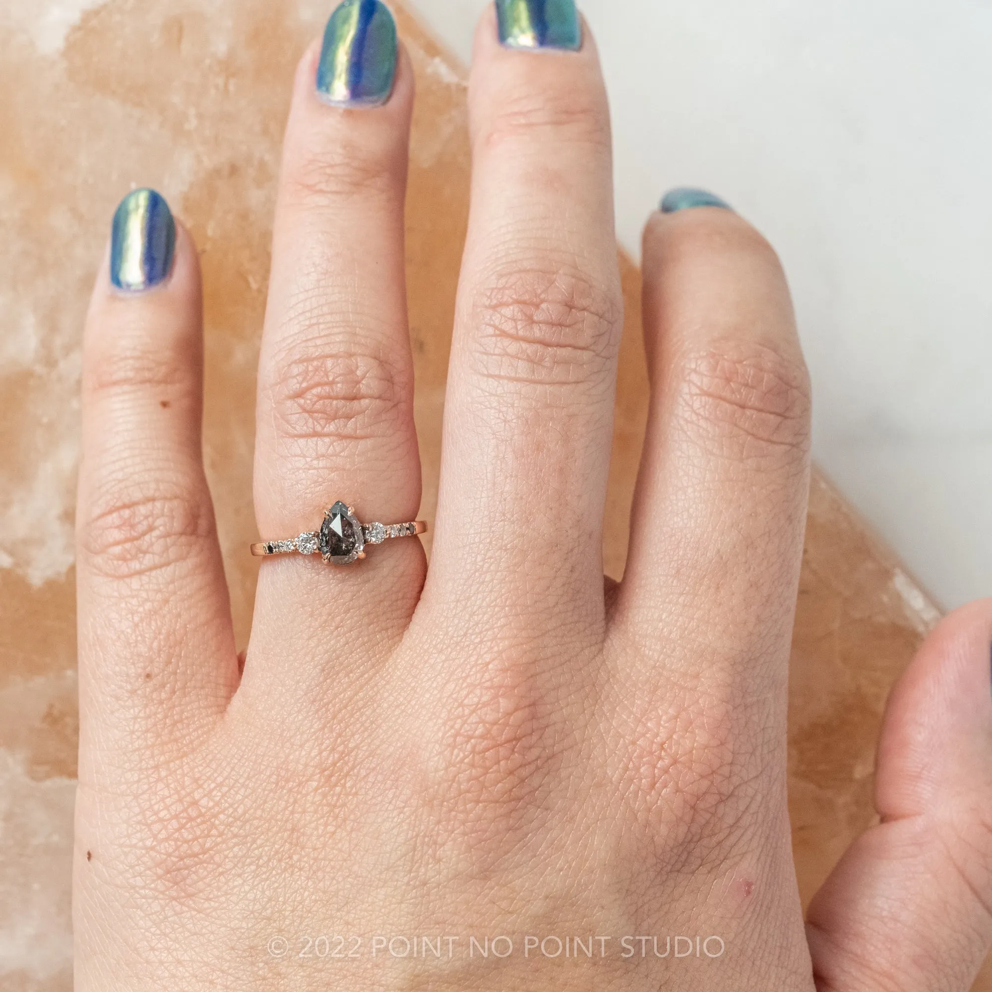 .98 Carat Salt and Pepper Pear Diamond Engagement Ring, Eliza Setting, 14K Rose Gold
