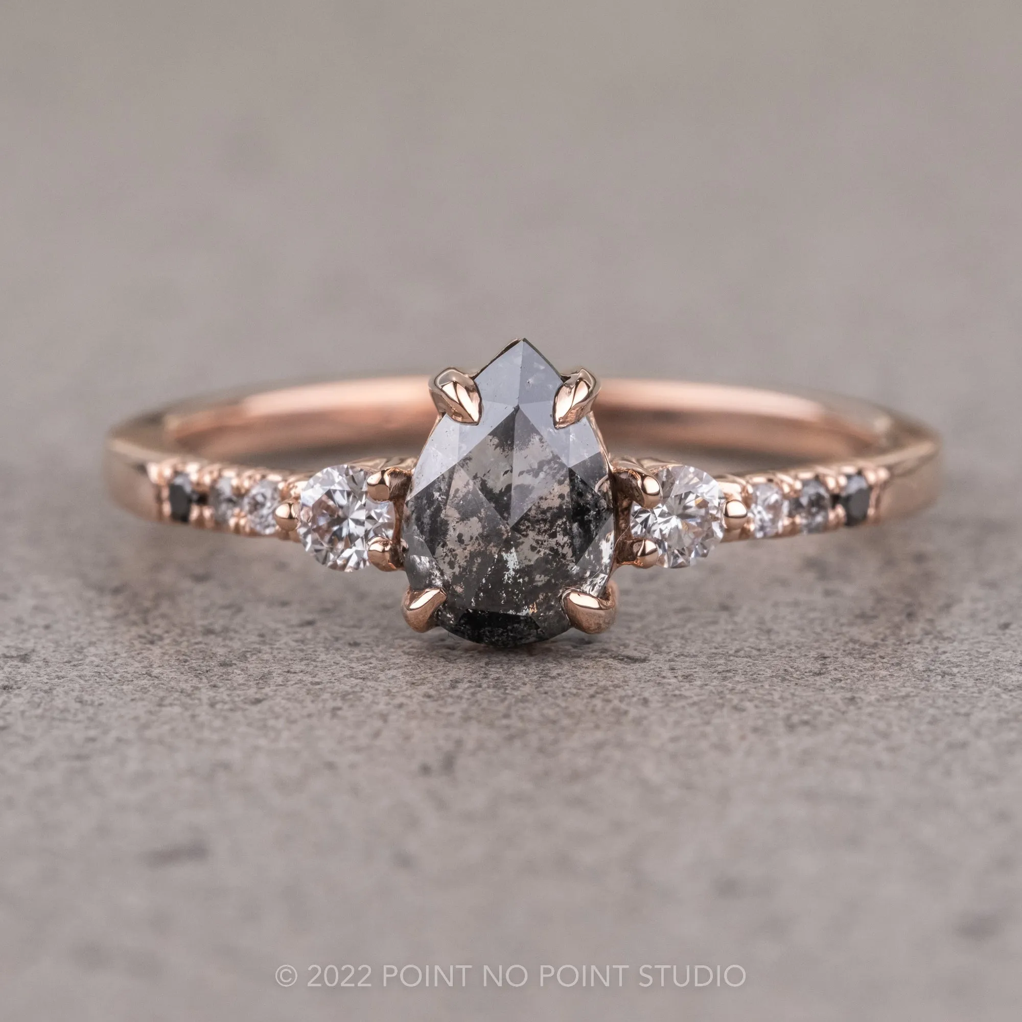 .98 Carat Salt and Pepper Pear Diamond Engagement Ring, Eliza Setting, 14K Rose Gold