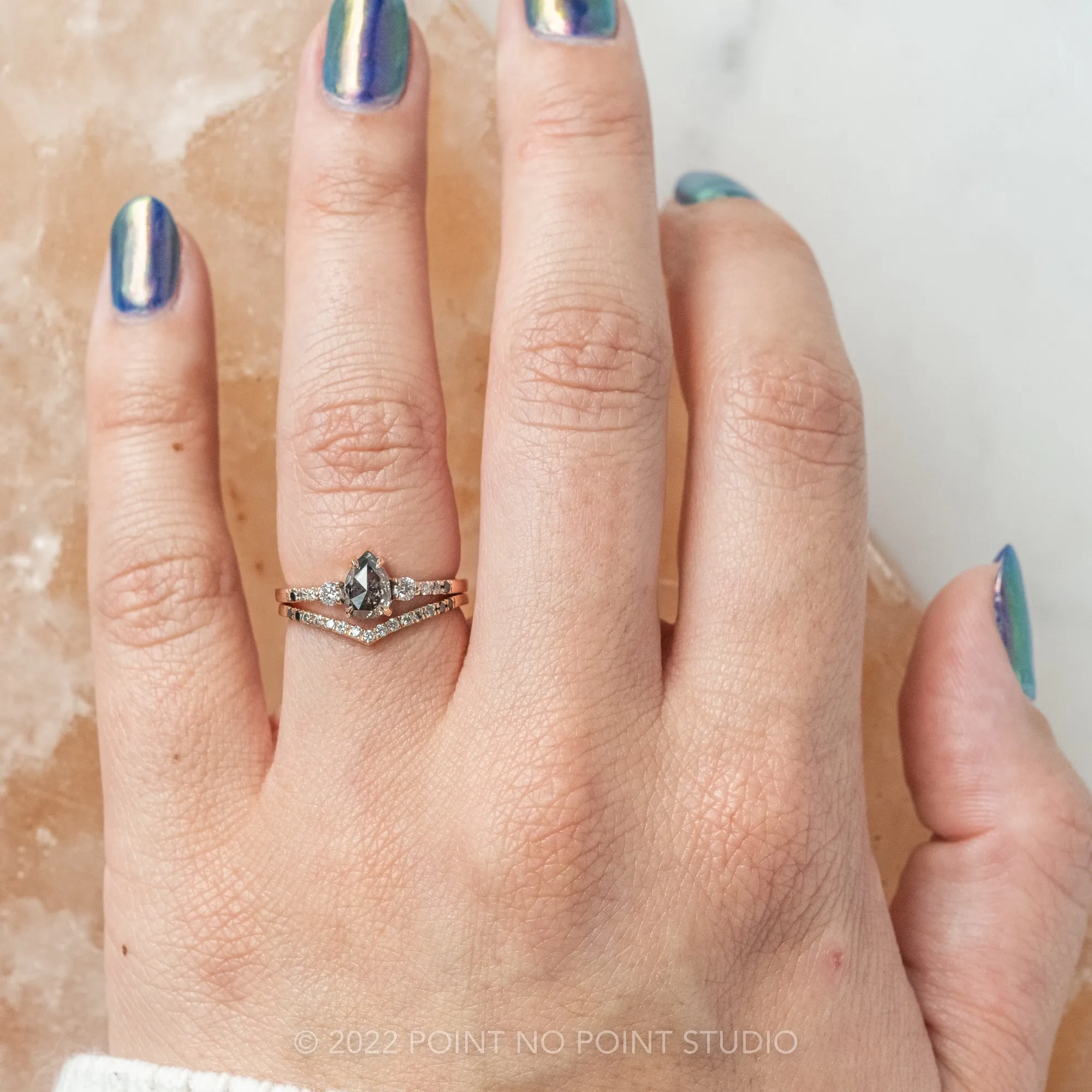 .98 Carat Salt and Pepper Pear Diamond Engagement Ring, Eliza Setting, 14K Rose Gold
