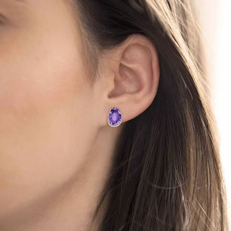 9ct Gold Natural Amethyst & Diamond Earrings