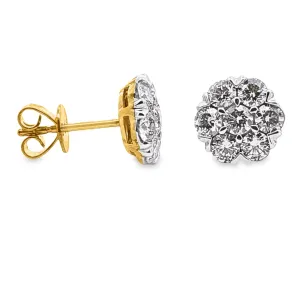 9ct Yellow Gold Cluster Set Natural Diamond Stud Earrings 1.42ct TDW