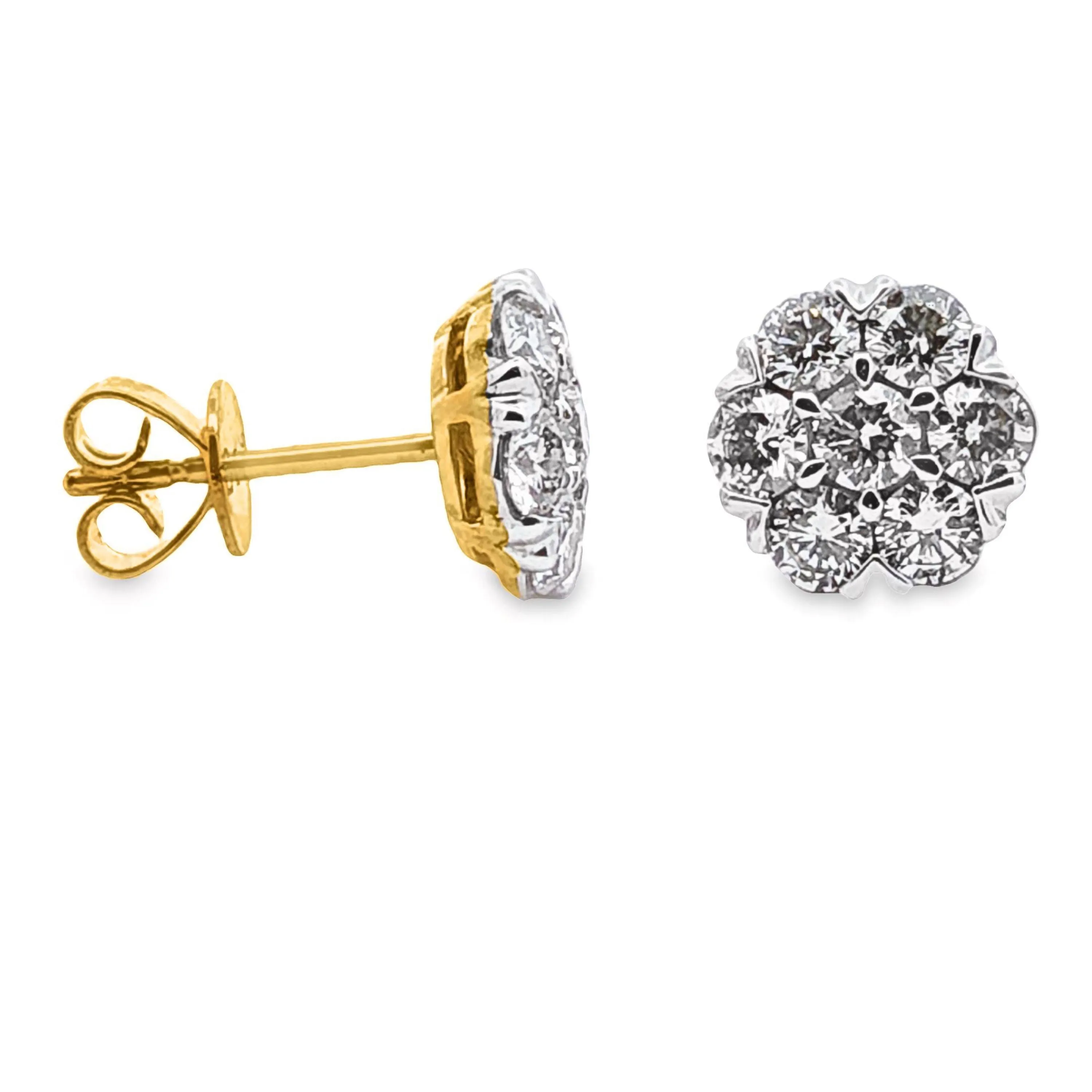 9ct Yellow Gold Cluster Set Natural Diamond Stud Earrings 1.42ct TDW