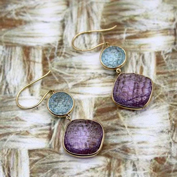 A unique Cut Amethyst and Blue Topaz Earrings
