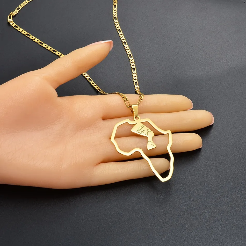 Africa Map Egyptian Queen Nefertiti Pendant Necklaces Women Men Jewelry Gold Color Wholesale Jewellery African #124621