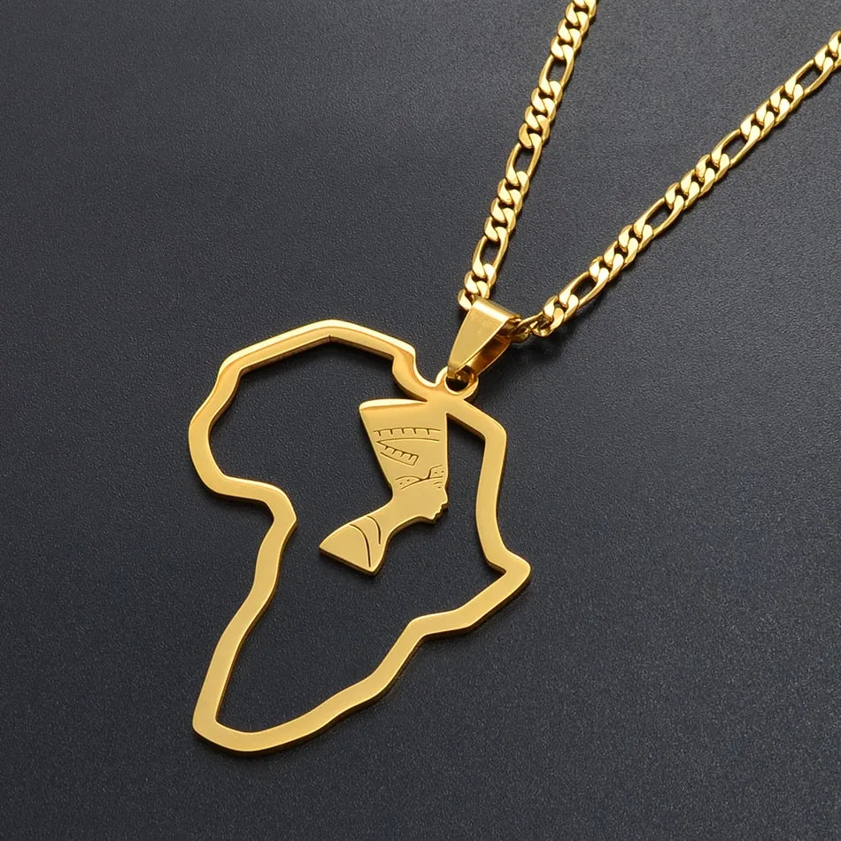 Africa Map Egyptian Queen Nefertiti Pendant Necklaces Women Men Jewelry Gold Color Wholesale Jewellery African #124621