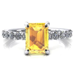 Alessi Emerald Yellow Sapphire 4 Claw Prong 3/4 Micro Pave Engagement Ring