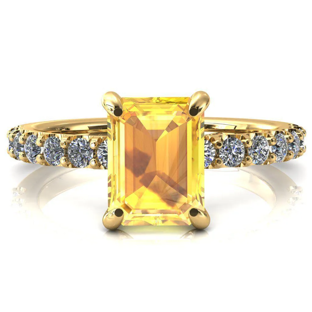 Alessi Emerald Yellow Sapphire 4 Claw Prong 3/4 Micro Pave Engagement Ring