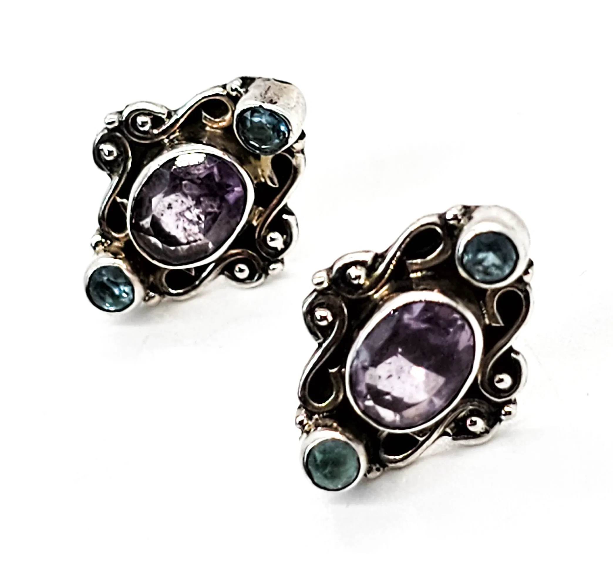 Amethyst and blue topaz Balinese scroll sterling silver stud earrings