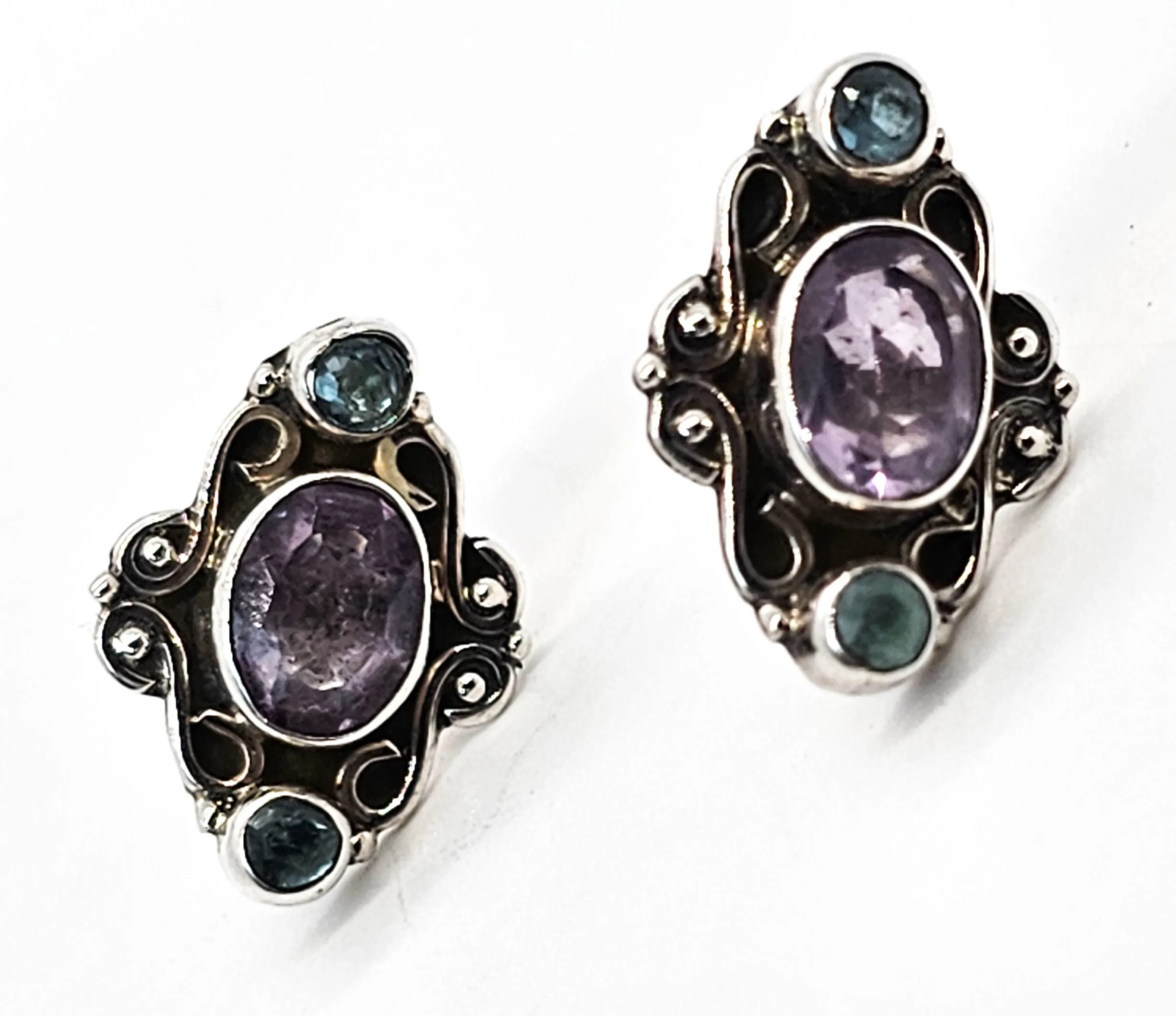 Amethyst and blue topaz Balinese scroll sterling silver stud earrings