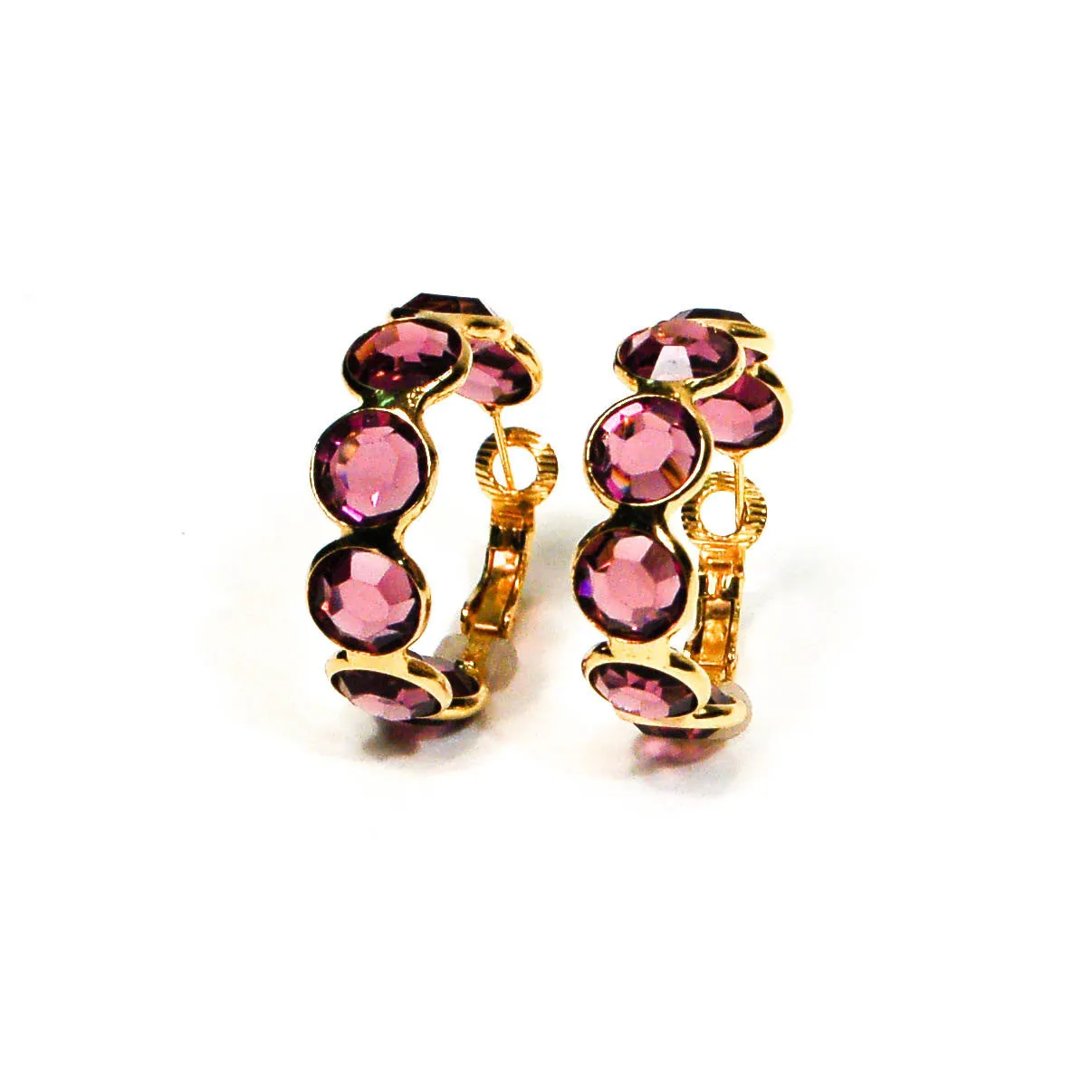Amethyst Crystal Bezel Set Hoop Earrings by Goldette