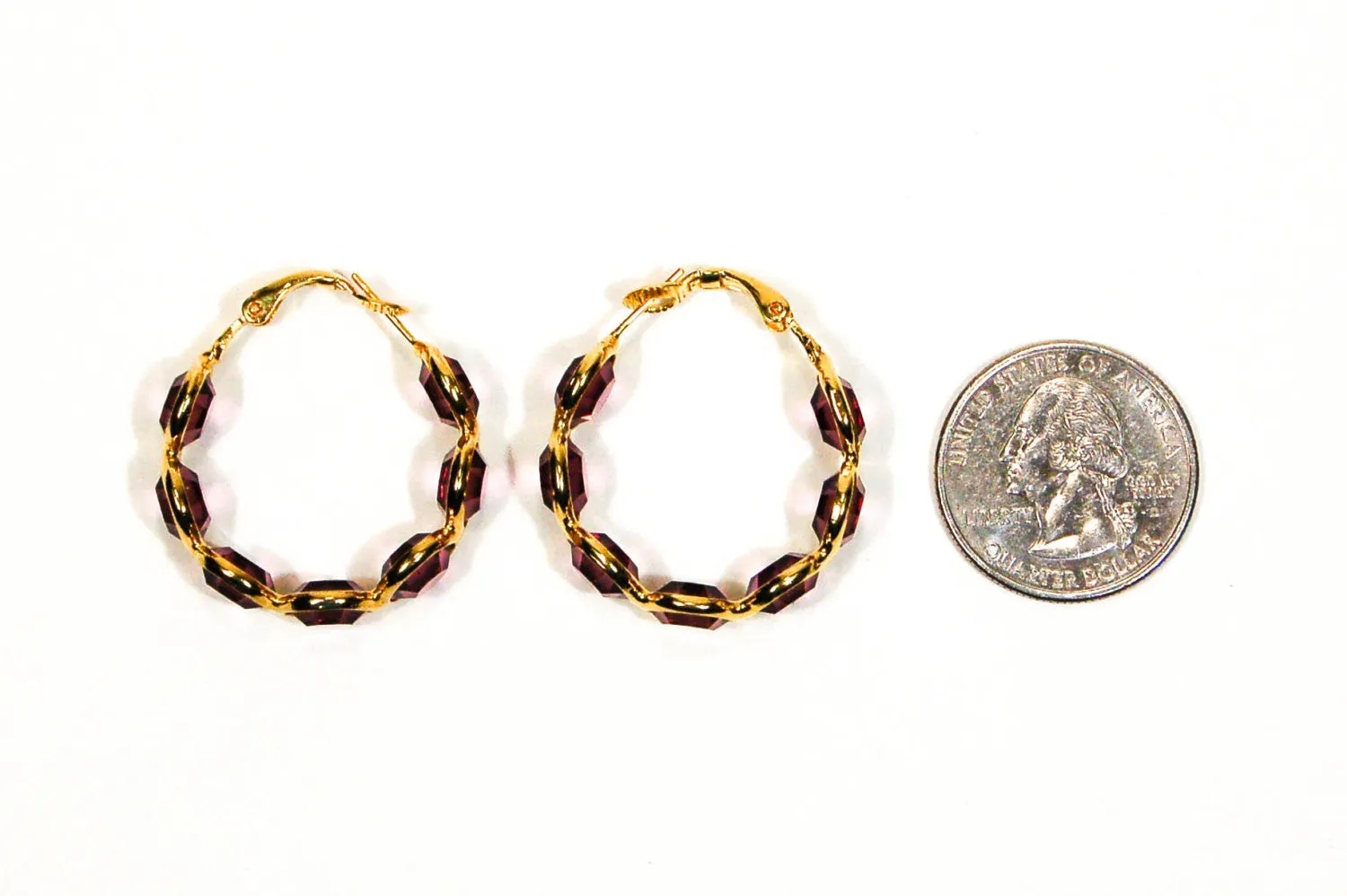 Amethyst Crystal Bezel Set Hoop Earrings by Goldette