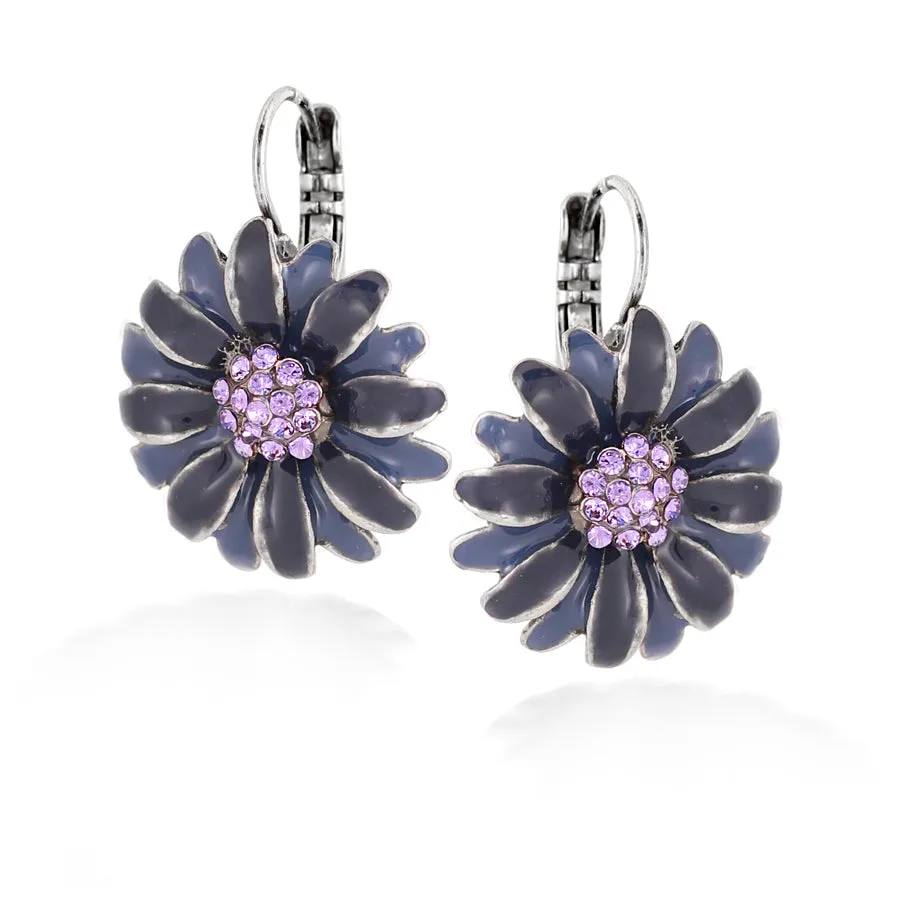 AMETHYST CRYSTAL BLUE ENAMEL FLOWER EARRINGS #281BL3301 (7E4/6B6)