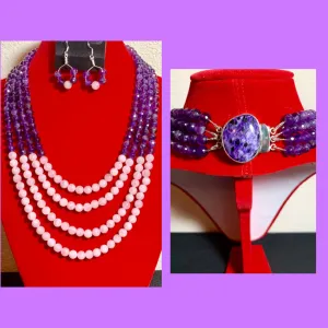 Amethyst Crystals & Rose Quartz Stones 4-strand Necklace & Earrings 19060