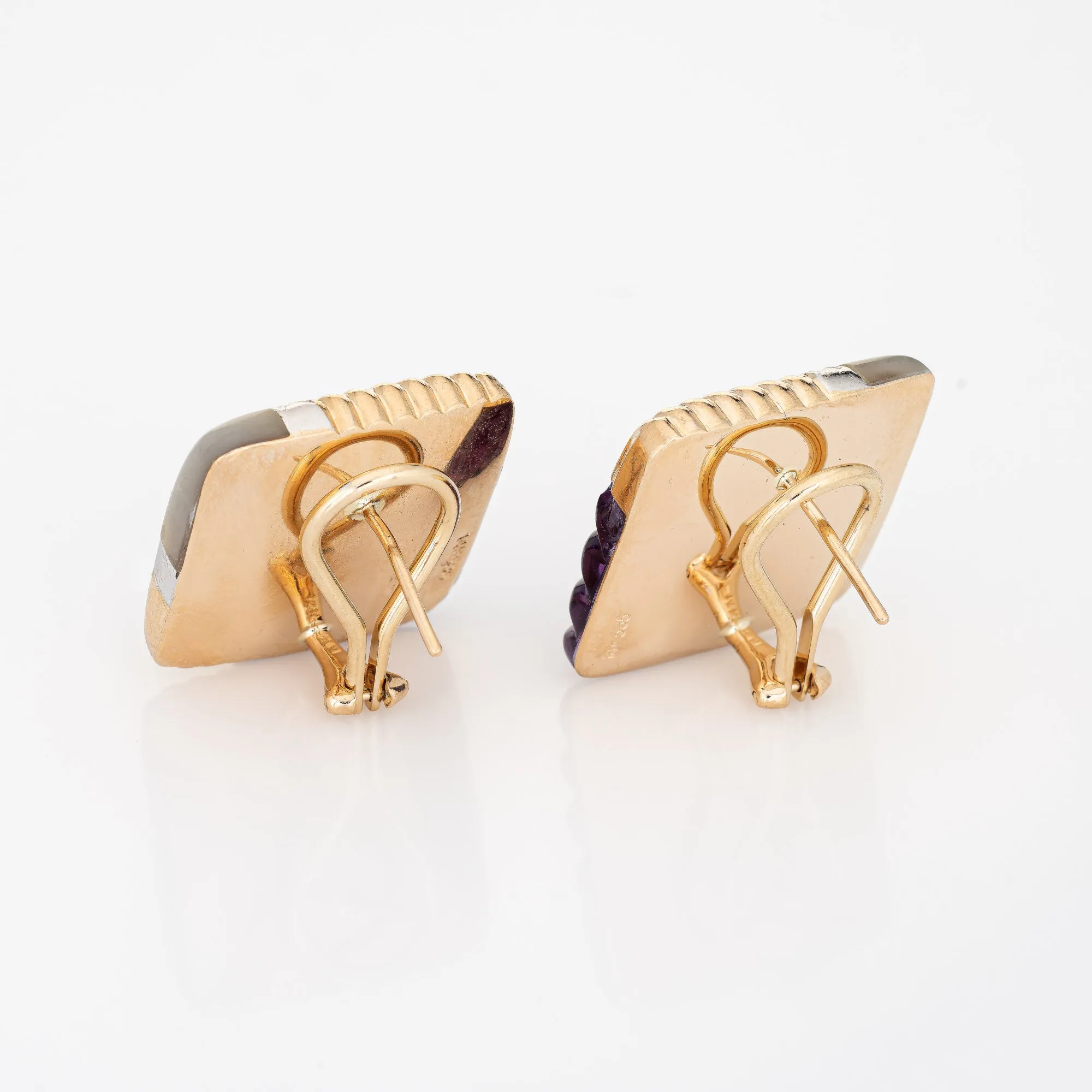 Amethyst Diamond Square Earrings Vintage 14k Yellow Gold MOP Estate Jewelry