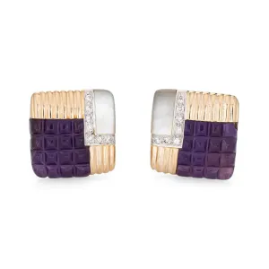 Amethyst Diamond Square Earrings Vintage 14k Yellow Gold MOP Estate Jewelry