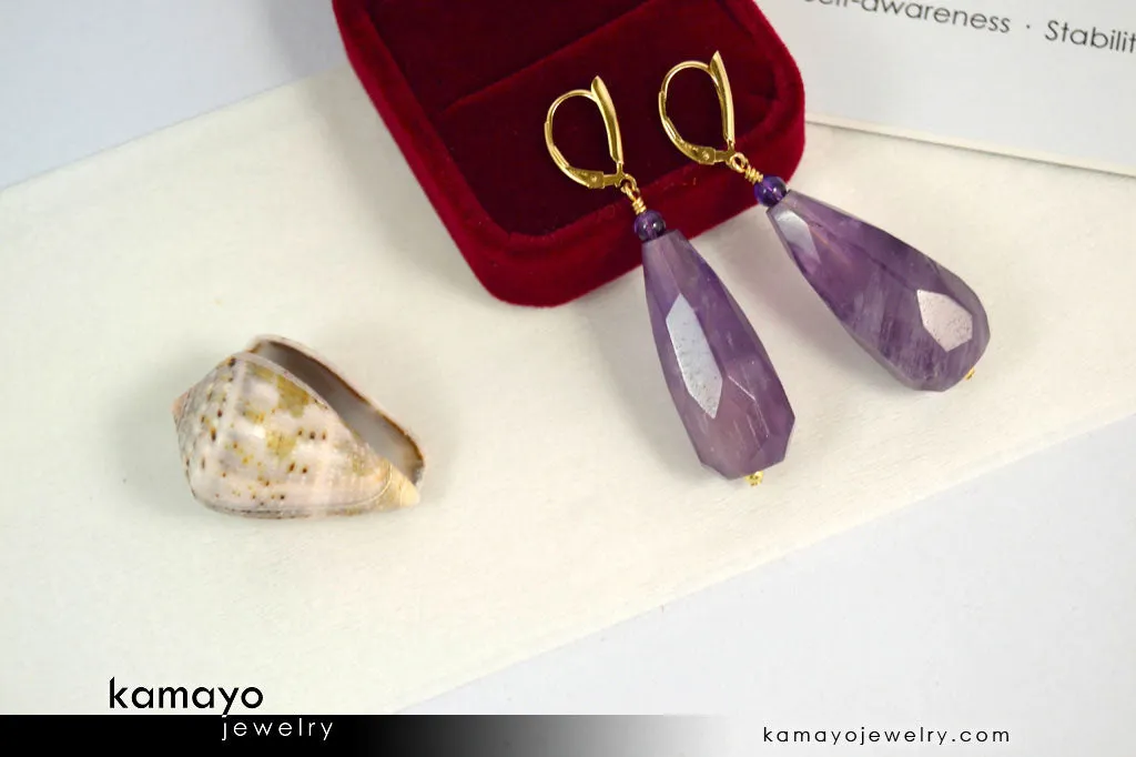 AMETHYST EARRINGS - Large Drop Ear Rings for Women - Faceted Chevron Amethyst Teardrop Pendant - 14K Gold Filled Leverback
