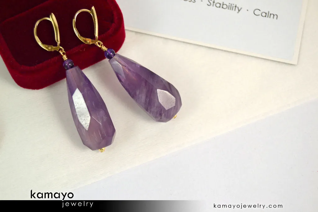 AMETHYST EARRINGS - Large Drop Ear Rings for Women - Faceted Chevron Amethyst Teardrop Pendant - 14K Gold Filled Leverback