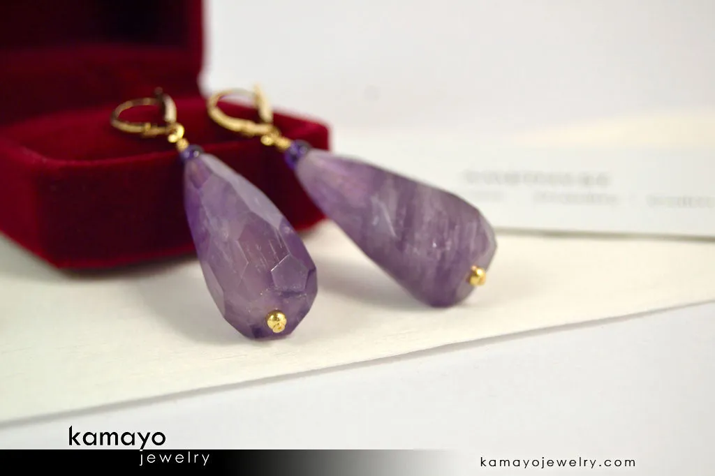 AMETHYST EARRINGS - Large Drop Ear Rings for Women - Faceted Chevron Amethyst Teardrop Pendant - 14K Gold Filled Leverback