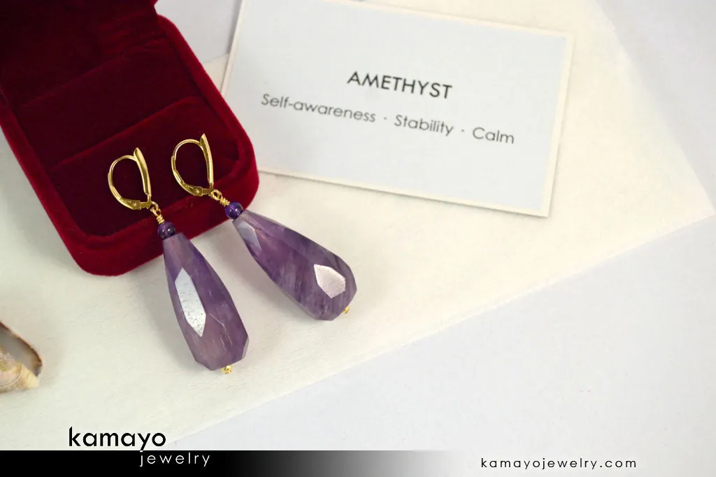 AMETHYST EARRINGS - Large Drop Ear Rings for Women - Faceted Chevron Amethyst Teardrop Pendant - 14K Gold Filled Leverback