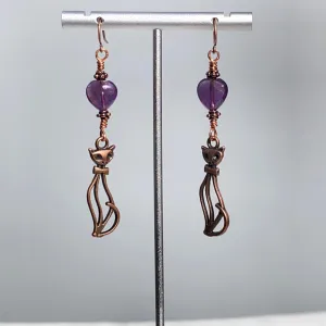 Amethyst gemstone Heart and Copper Kitty Drop Earrings