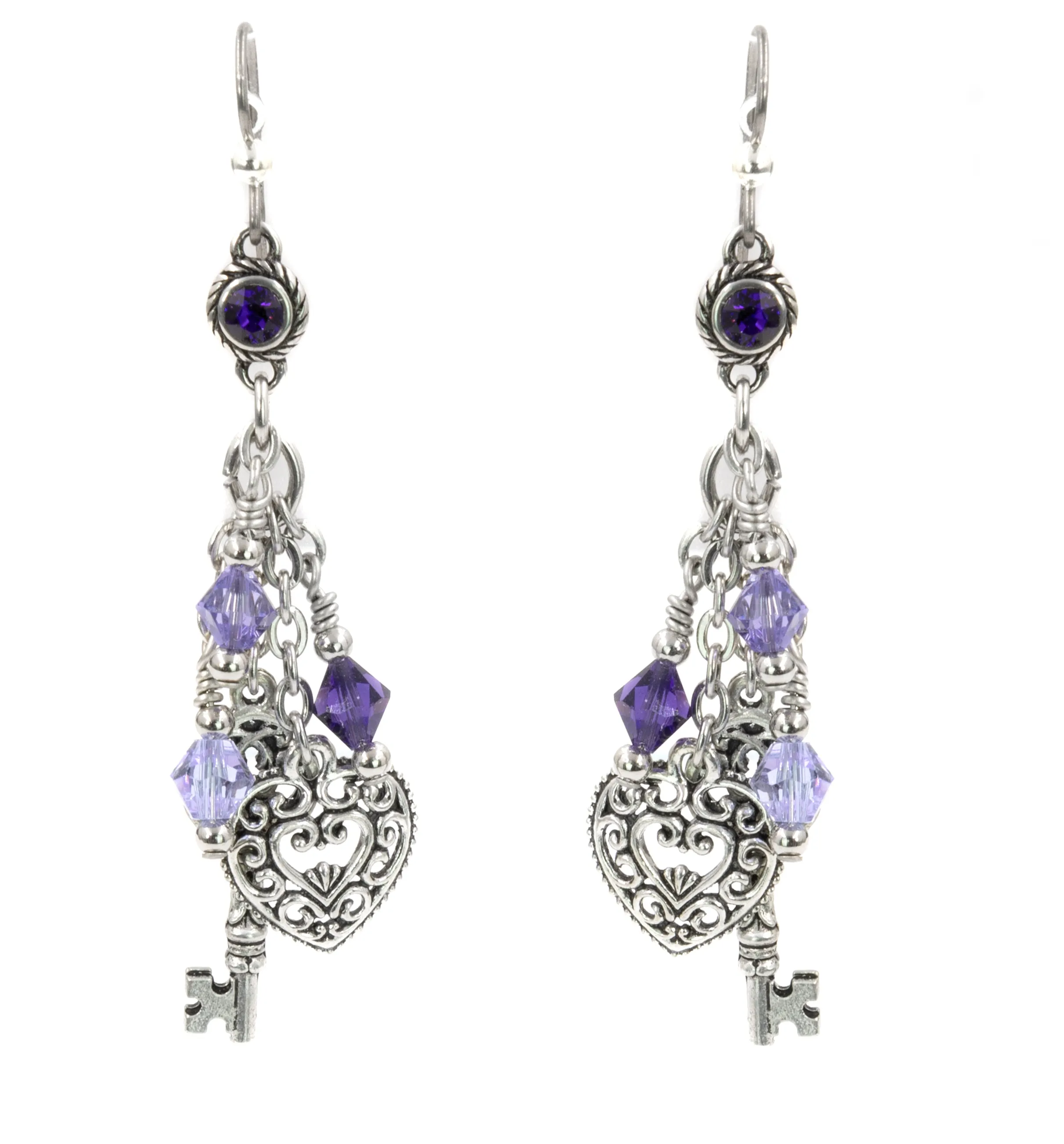 Amethyst Heart and Key Crystal Earrings