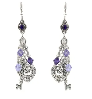 Amethyst Heart and Key Crystal Earrings