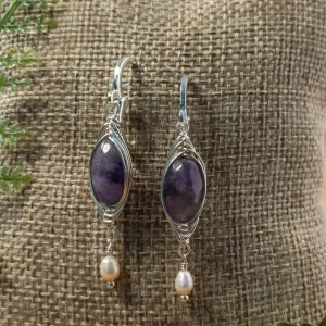 Amethyst Herringbone Weave Dangle Earrings