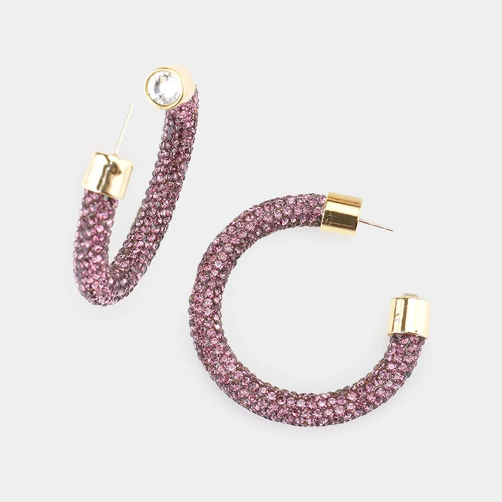 Amethyst Rhinestone Half Hoop Earring | 1.75" | 482489