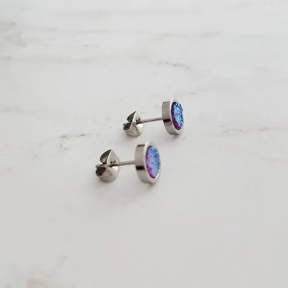 Amethyst Stud Earrings, purple opal earring, small purple earring, small purple stud, hypoallergenic earring, faux druzy earring, round gem