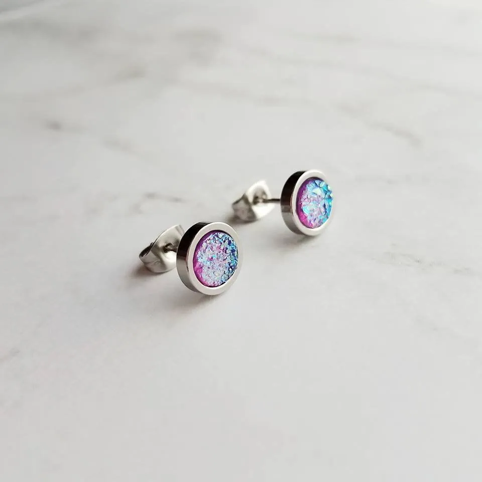 Amethyst Stud Earrings, purple opal earring, small purple earring, small purple stud, hypoallergenic earring, faux druzy earring, round gem