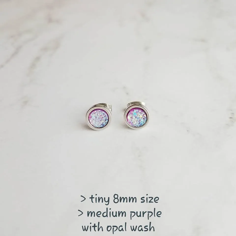 Amethyst Stud Earrings, purple opal earring, small purple earring, small purple stud, hypoallergenic earring, faux druzy earring, round gem
