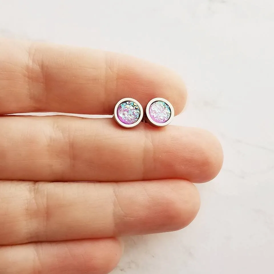 Amethyst Stud Earrings, purple opal earring, small purple earring, small purple stud, hypoallergenic earring, faux druzy earring, round gem