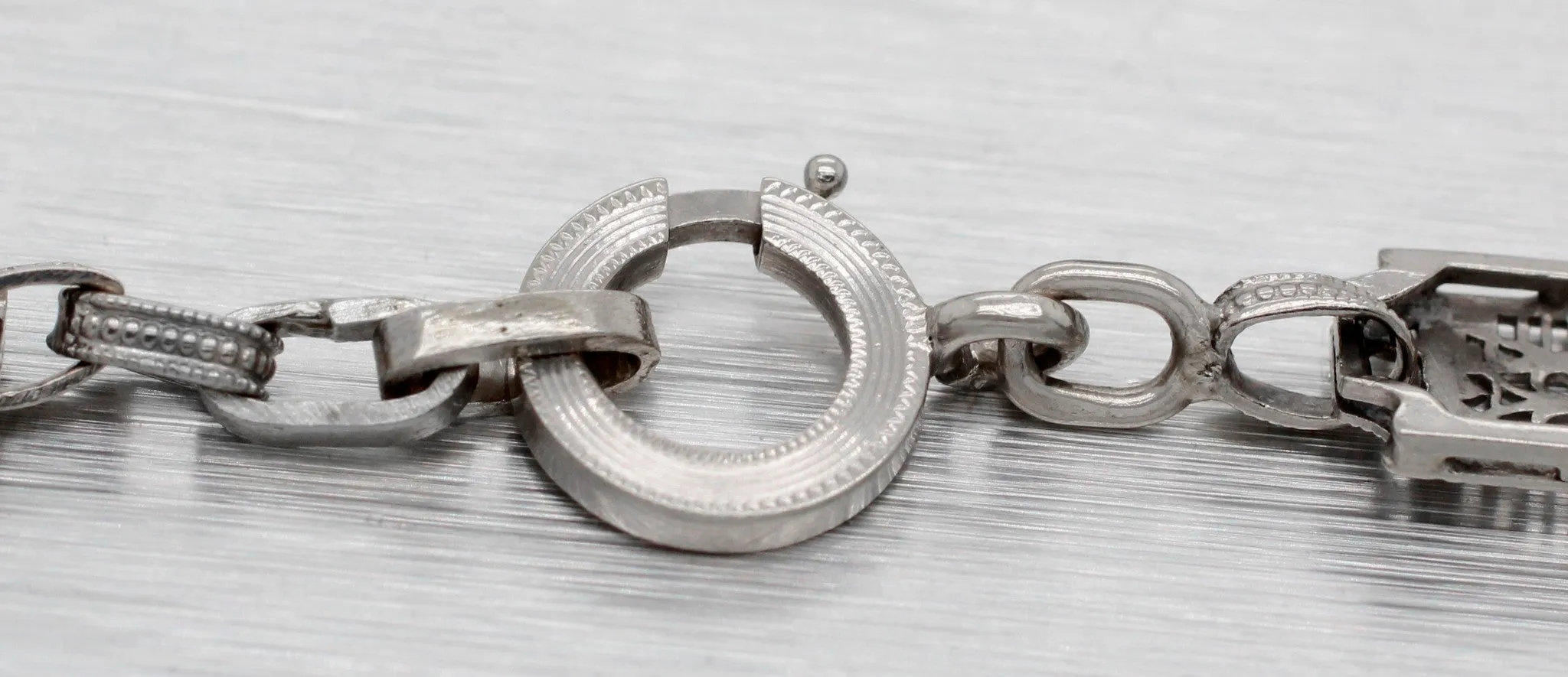Antique Art Deco Diamond & Sapphire Filigree Bracelet - 14k White Gold - 7”