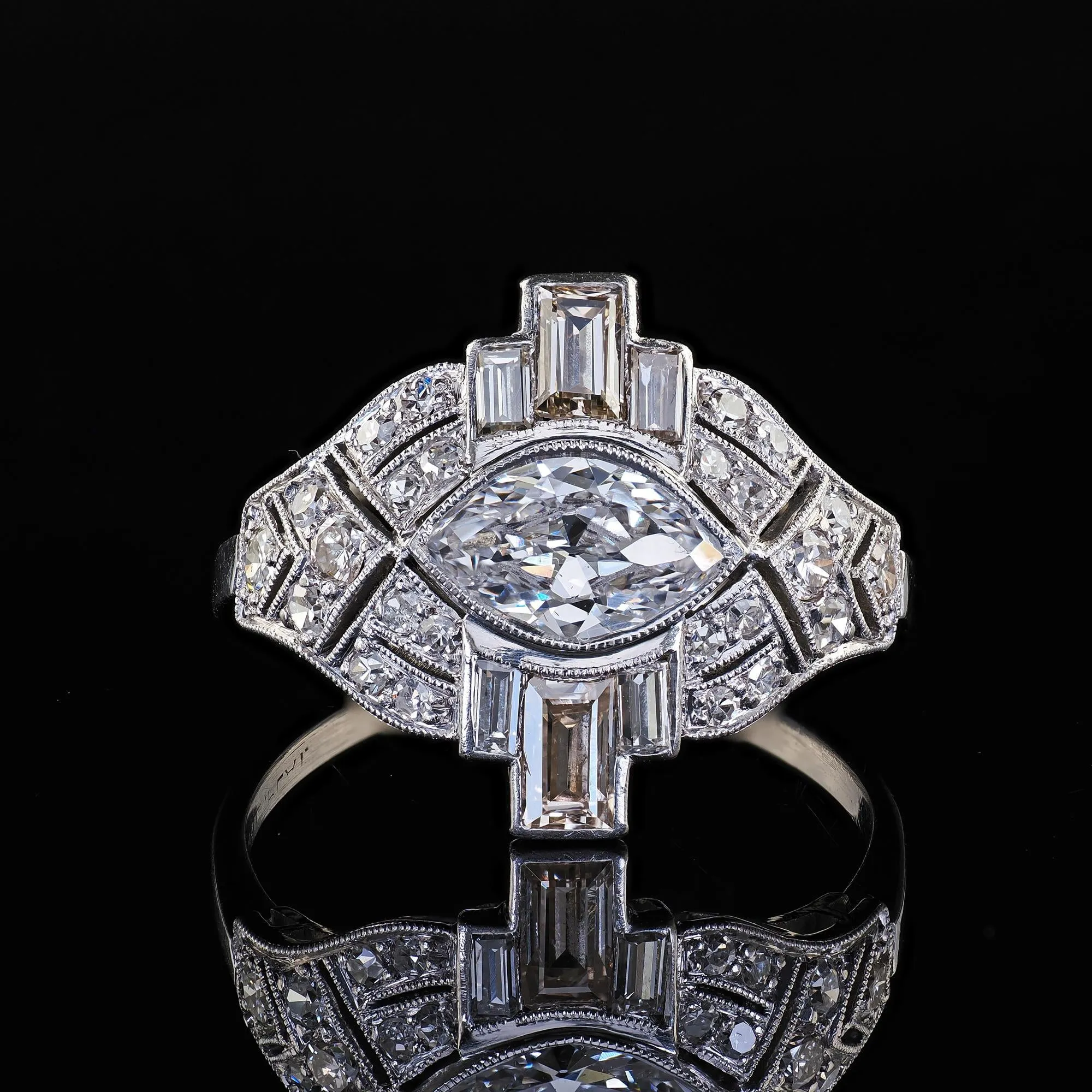 Antique Art Deco Platinum Old Marquise Diamond Baguette Engagement Ring
