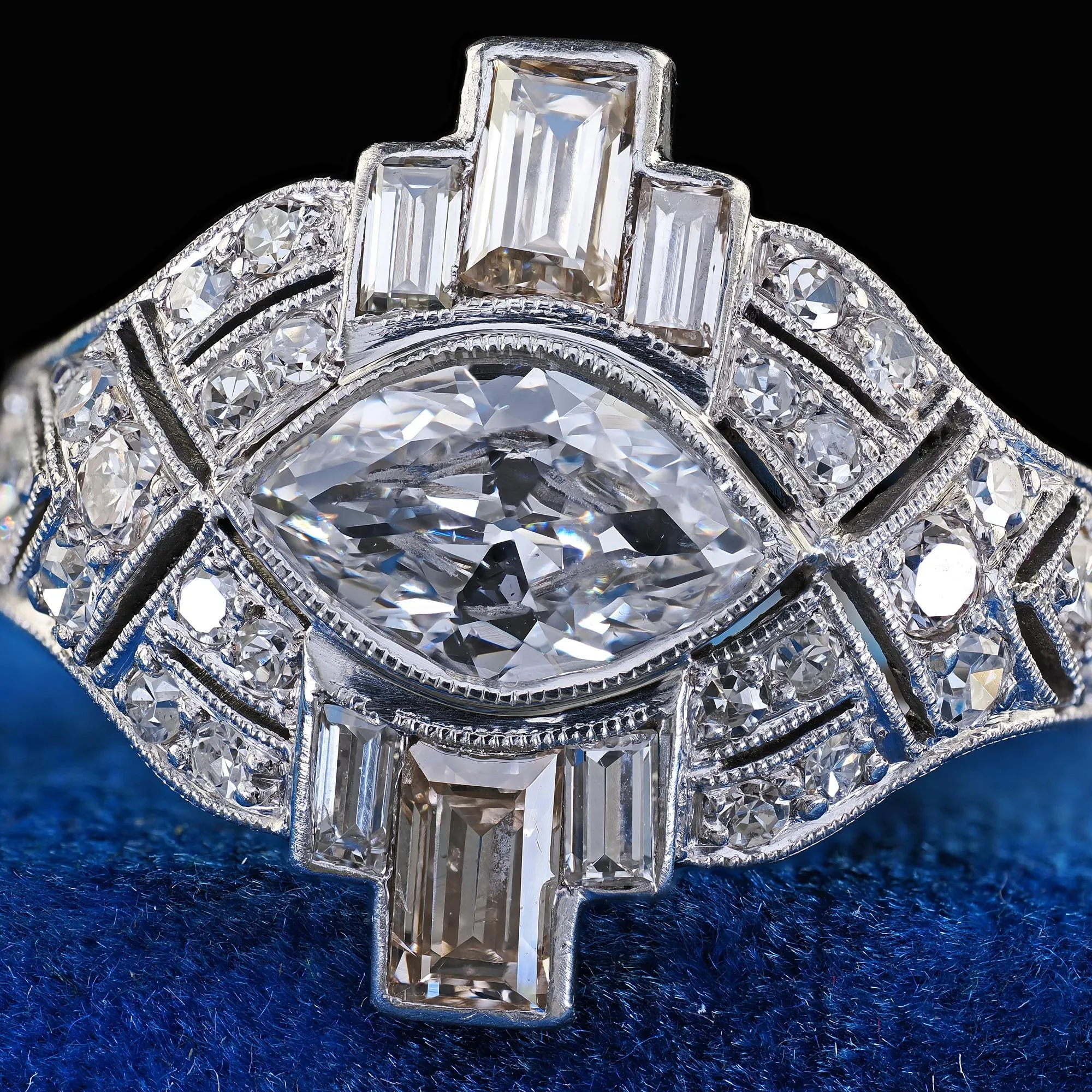 Antique Art Deco Platinum Old Marquise Diamond Baguette Engagement Ring