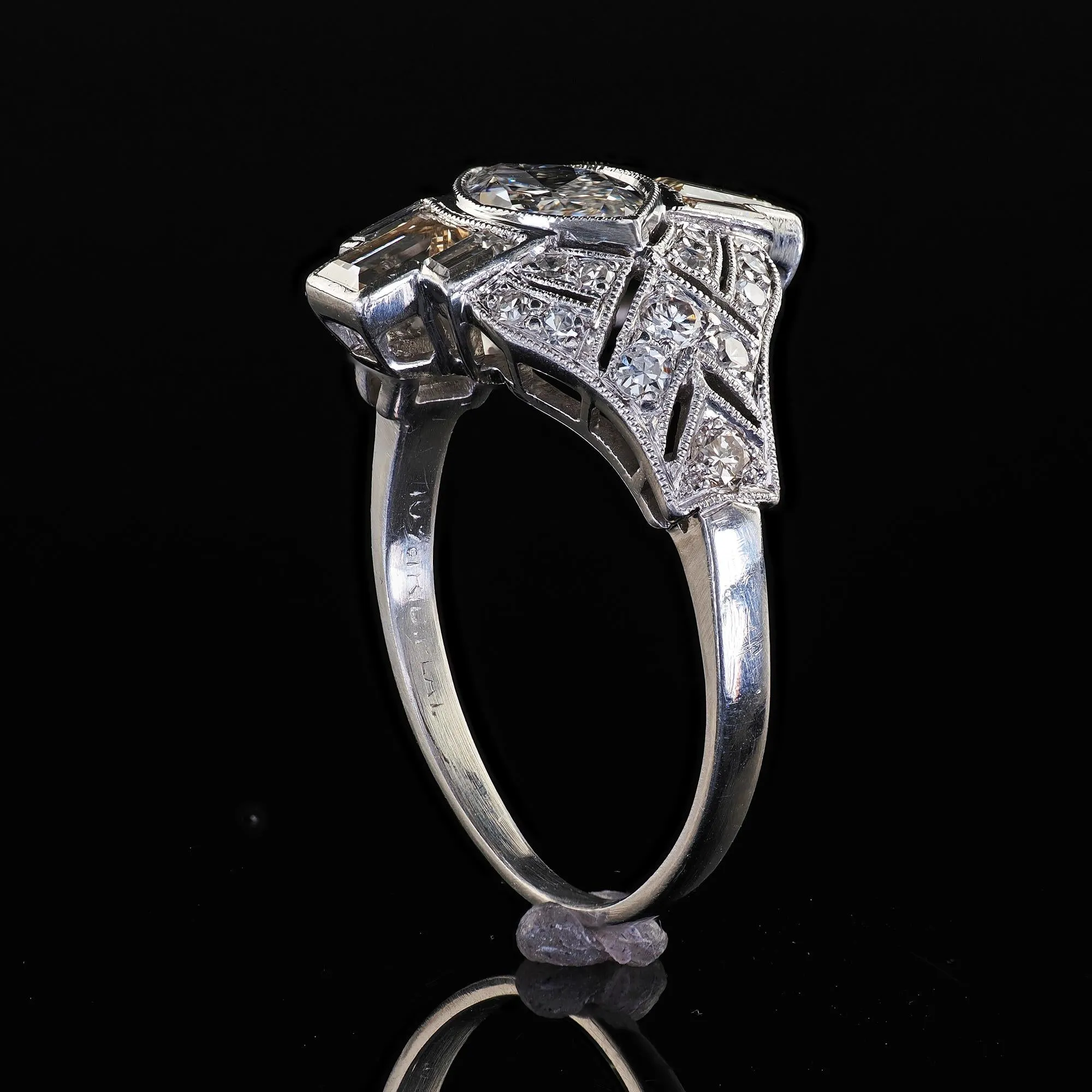 Antique Art Deco Platinum Old Marquise Diamond Baguette Engagement Ring
