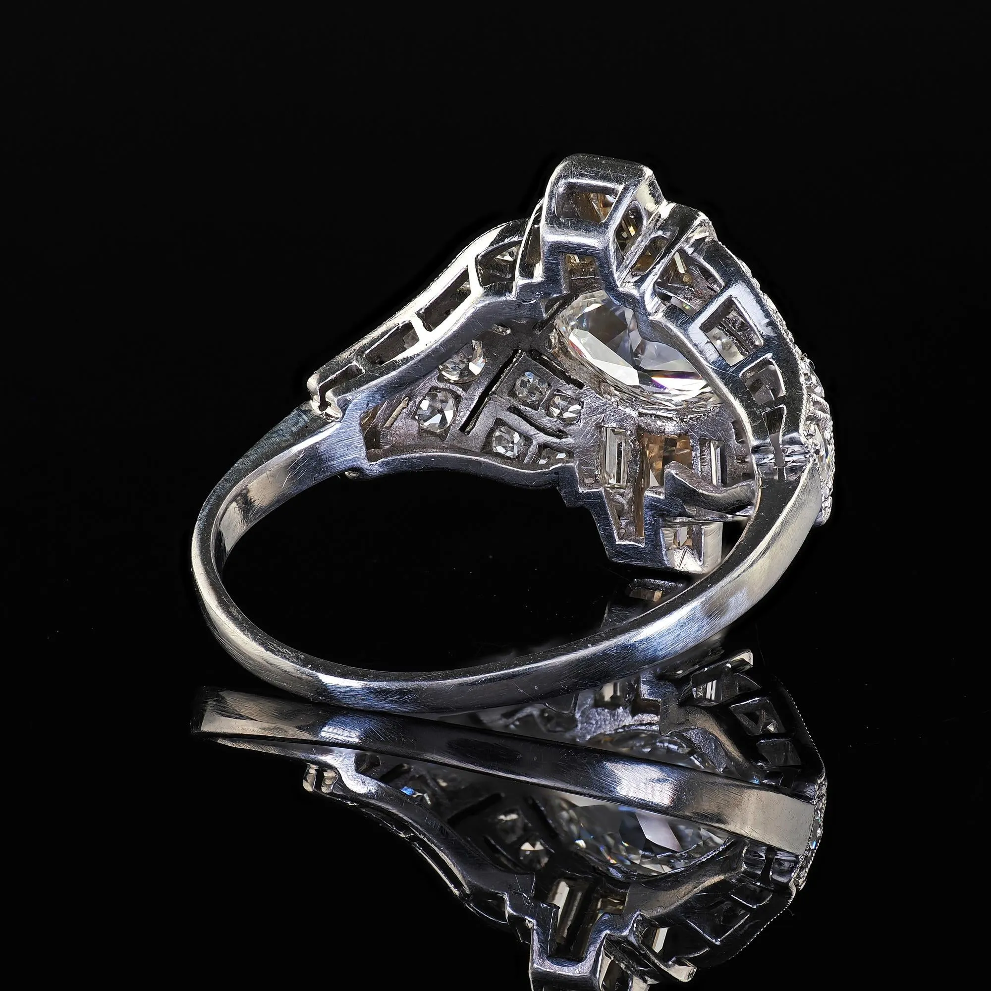Antique Art Deco Platinum Old Marquise Diamond Baguette Engagement Ring
