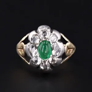 Antique Emerald Cabochon and Diamond Ring
