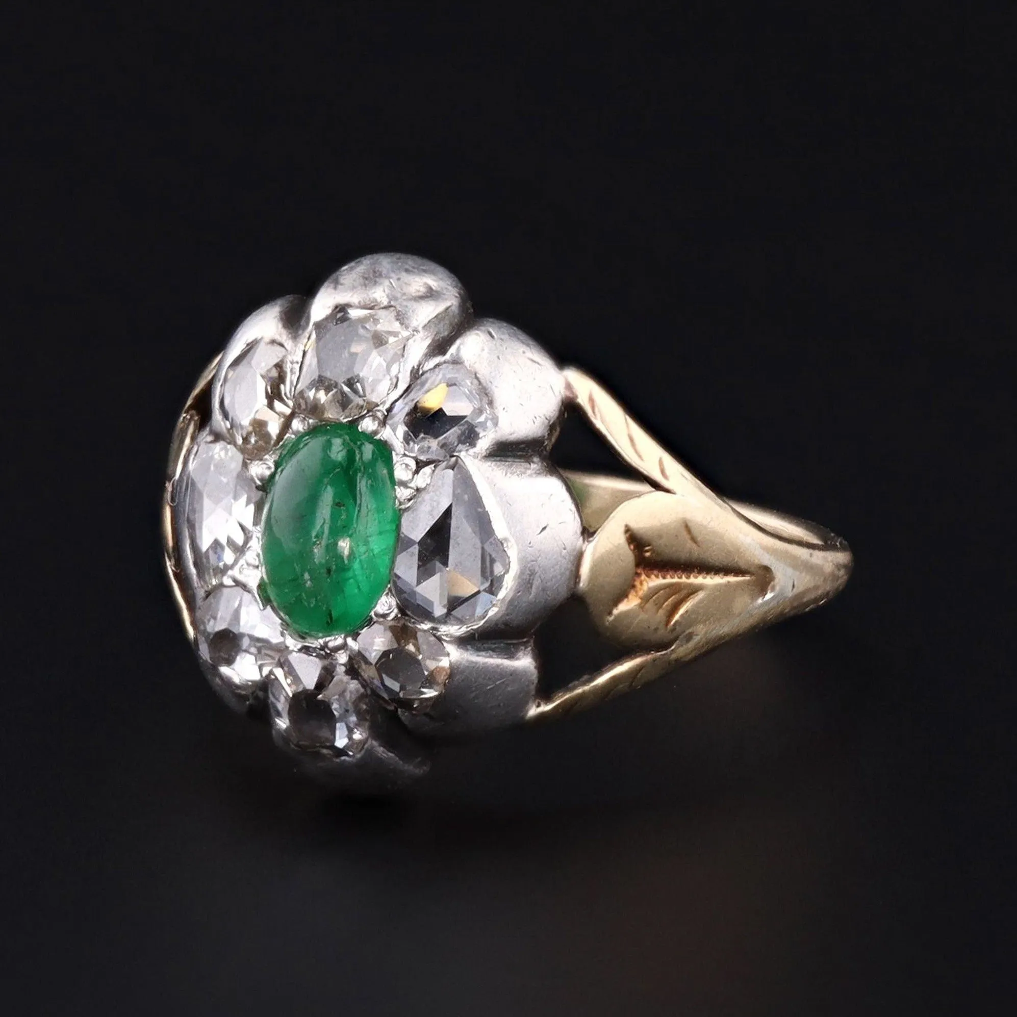 Antique Emerald Cabochon and Diamond Ring